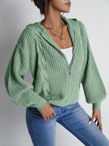 Cloudara Drop Shoulder Zip Up Hooded Cardigan - Green - View 5