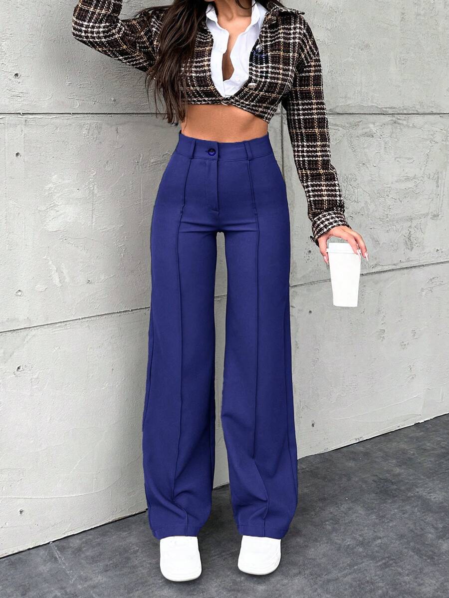 EURMUSE 女士纯色前扣简约西装裤，休闲日常穿着 - 藏蓝色 - 查看 1