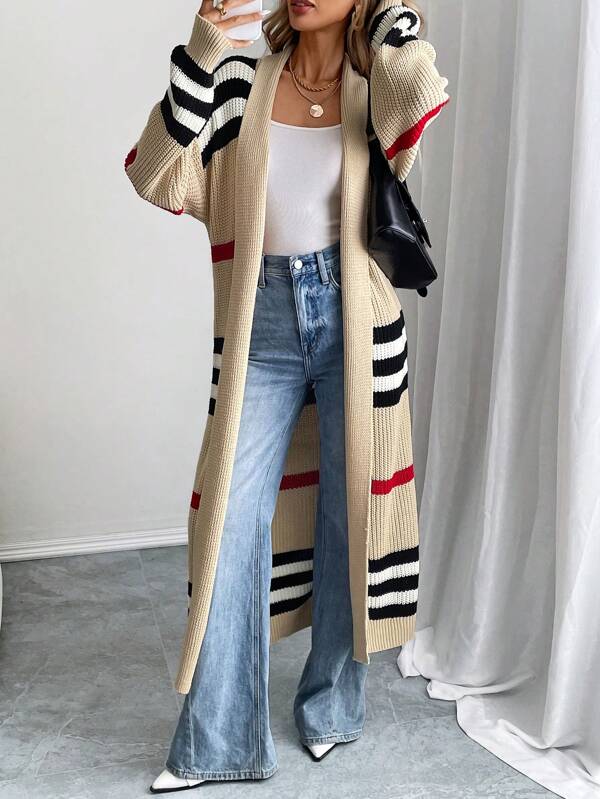 EMERY ROSE Women's Vacation Stylish Classic Contrast Stripe Western Style Cardigan