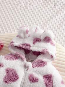 SHEIN 新生女婴可爱毛茸茸心形图案连帽连体衣，秋冬 - 紫色 - 查看 4
