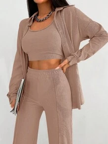 EURMUSE 1pc Solid Button Front Shirt & 1pc Wide Leg Pants - Apricot - View 6