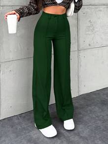 EURMUSE Women's Solid Color Front Button Casual Suit Pants, Daily Wear - Dark Green - View 4