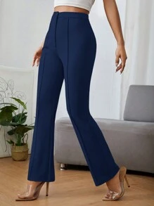 SHEIN PETITE Solid Color High Waist Trousers - Navy Blue - View 4