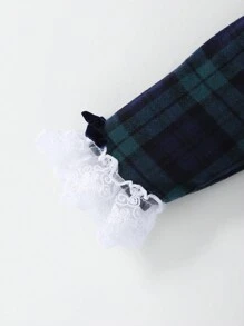 SHEIN 女婴优雅宫廷风蕾丝领格子柔软羊毛连衣裙，适合外出、圣诞节、生日、1 岁生日礼物 - 墨綠色 - 查看 3