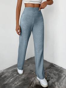 EURMUSE Women's Solid Color Simple Front Zipper Sweater & Pants, Casual Daily Wear - Blue - View 3