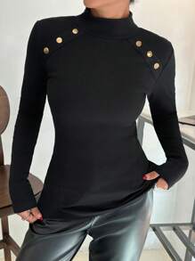 EURMUSE Top côtelé ajusté noir avec détails de boutons dorés - Noir - Voir 3