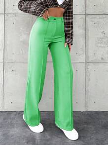 RueChic Pantalones de traje de cintura alta de un solo color casual para uso diario, otoño - Verde Oliva - Ver 6