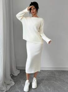 Chiquease 2pcs Women's Casual Solid Color Crew Neck Oversized Sweater And Sweater Skirt Set, Autumn Winter Fall Cloth For Women - Beige - View 5
