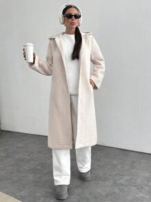 SHEIN Cottnline Women's Solid Color Long Sleeve Hooded Pockets Long Cardigan For Fall/Winter - Beige - View 1