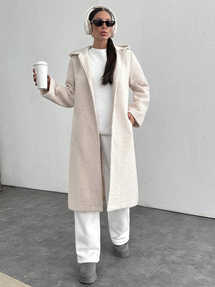 SHEIN Cottnline Women's Solid Color Long Sleeve Hooded Pockets Long Cardigan For Fall/Winter - Beige - View 1