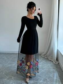 Elenzga Women's Floral Applique Mesh Panel Long Sleeve Dress - Black - View 5