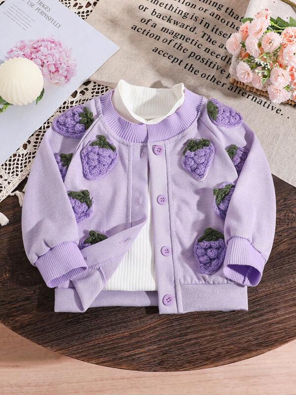 Toddler Girls Casual Everyday Versatile Fun 3D Grape Knit Thick Warm Cardigan Jacket, Suitable For Indoors And Outdoors, Soft Fabric Carefully Selected By Mothers