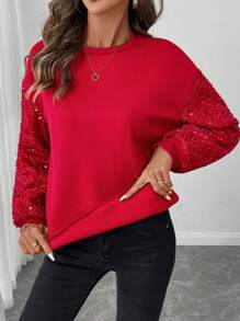 SHEIN LUNE Embellished Sequin Patchwork Red Women Sweatshirt For Christmas Party Autumn Winter Clothes For Women - Red - View 6