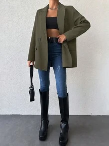 EURMUSE Notched Collar Double-breasted Blazer Jacket - Dark Green - View 4