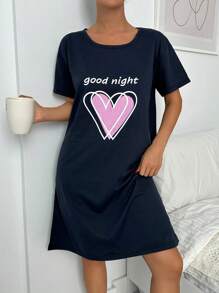 RueChic 100% Cotton Slogan Graphic & Heart Print Round Neck Short Sleeve Nightgown - Black - View 5