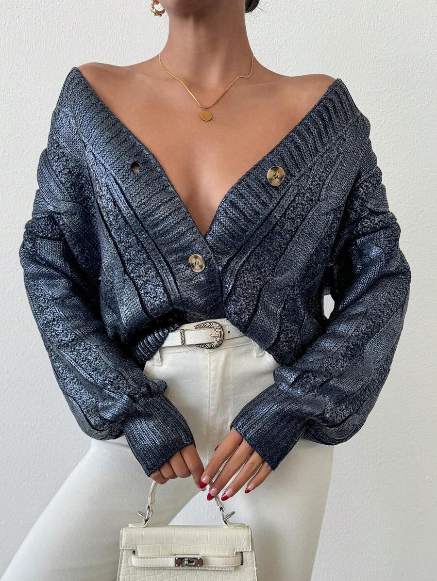 EURMUSE Women Gold Coating Detailed Oversize Shaped Cardigan - Navy Blue - View 1