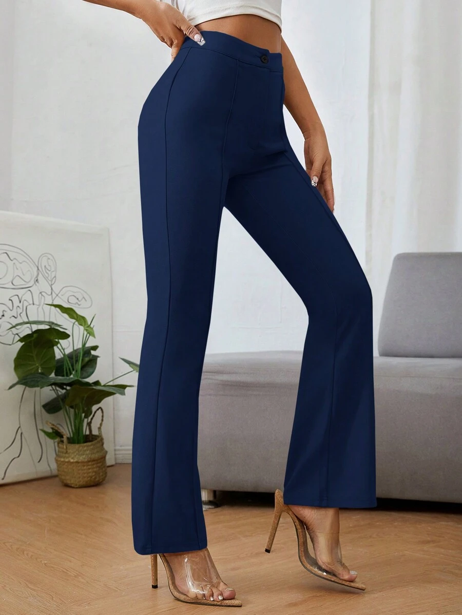 SHEIN PETITE Solid Color High Waist Trousers - Navy Blue - View 1