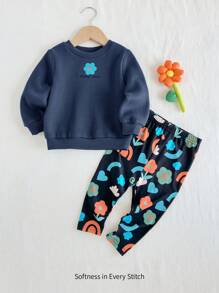 Cozy Pixies 2 件装女婴花卉印花针织柔软圆领套头衫和裤子套装 - 彩色 - 查看 3