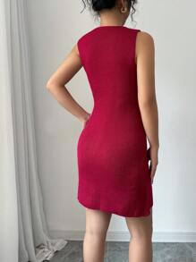 Chiquease Women's Solid Color Front Zipper Sleeveless Casual Sweater Dress - Burgundy - View 2