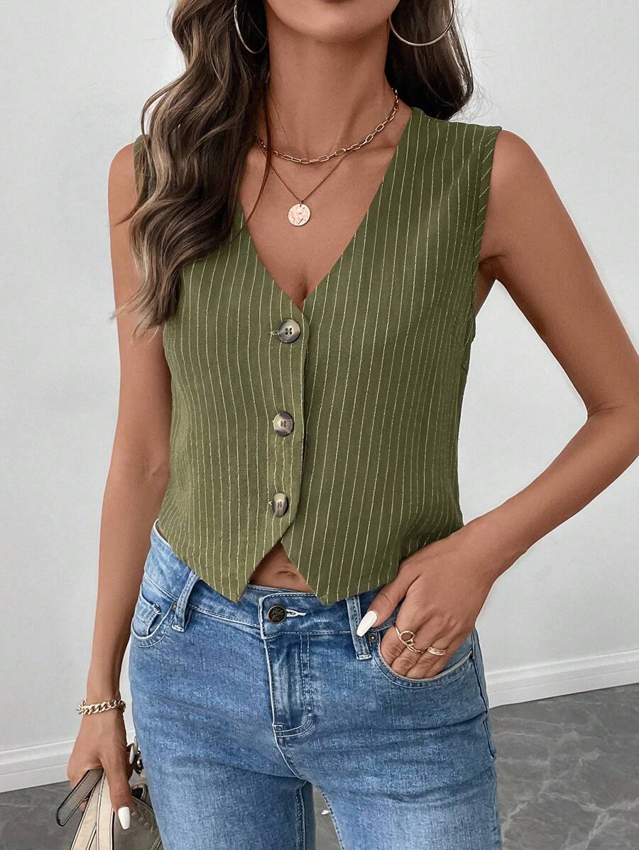 SHEIN LUNE Women's Linen Striped Breathable Vintage Style Sleeveless Shirt - Army Green - View 1