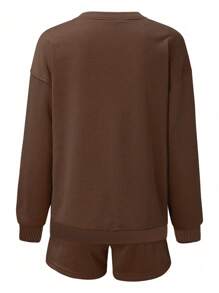 INAWLY 女士素色簡約日常短袖上衣和短褲套裝 - 咖啡棕 - 查看 3