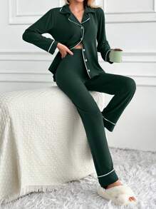 EURMUSE Women Binding Detail Homewear Pajama Set - Green - View 4