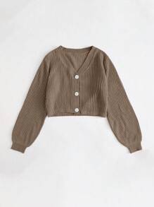 Cloudara Solid Button Front Bishop Sleeve Cardigan - Camel - View 3