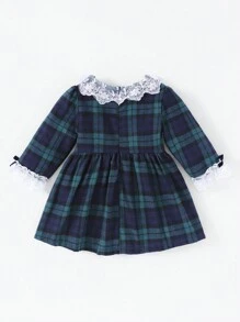 SHEIN 女婴优雅宫廷风蕾丝领格子柔软羊毛连衣裙，适合外出、圣诞节、生日、1 岁生日礼物 - 墨綠色 - 查看 2