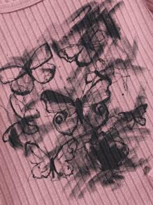 女孩蝴蝶印花罗纹圆领 T 恤 - 粉色 - 查看 4