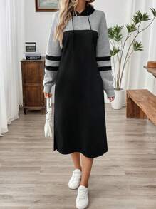 SHEIN LUNE 女式休闲拼色抽绳连帽长款厚款运动衫连衣裙，秋季 - 彩色 - 查看 4