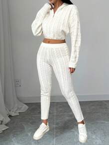 Chiquease 2pcs/Set Solid Color Cropped Hoodie & Pants Set For Women, Fall/Winter