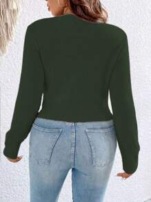 SHEIN Unity Suéter corto de punto de unicolor con dobladillo retorcido, para otoño e invierno, talla grande - Verde - Ver 2