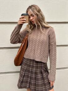 Women's Cable Pattern Round Neck Drop Shoulder Casual Sweater