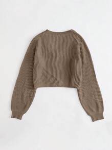 Cloudara Solid Button Front Bishop Sleeve Cardigan - Camel - View 2