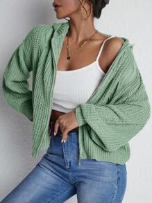 Cloudara Drop Shoulder Zip Up Hooded Cardigan - Green - View 3