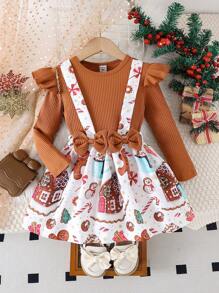 SHEIN 2pcs/Set Young Girls Christmas Ribbed T-Shirt And Cute Gingerbread House Print Suspender Skirt - Khaki - View 1