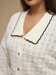 Forever 21 Áo len cardigan dệt kim dài tay khoét lỗ viền tương phản màu be cỡ lớn thời trang dành cho nữ, mùa thu/đông - Màu be - Xem 10