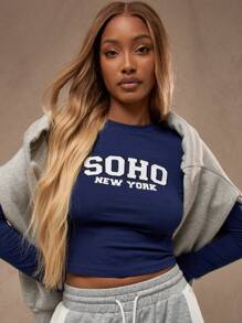 MISSGUIDED Varsity lange mouwen getailleerd "SOHO New York" bedrukte voorkant top