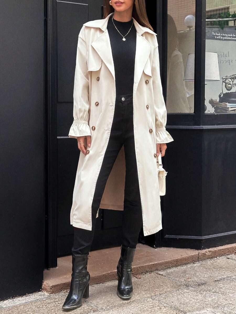 Chiquease Women Casual Commuter Fashion Business V-Neck Ruffle Cuff Long Sleeve Cinched Waist Double Breasted Mid-Length Regular Trench Coat