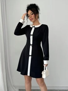 Chiquease Contrast Color Bow Tie Long Sleeve Mini Dress - Black - View 3