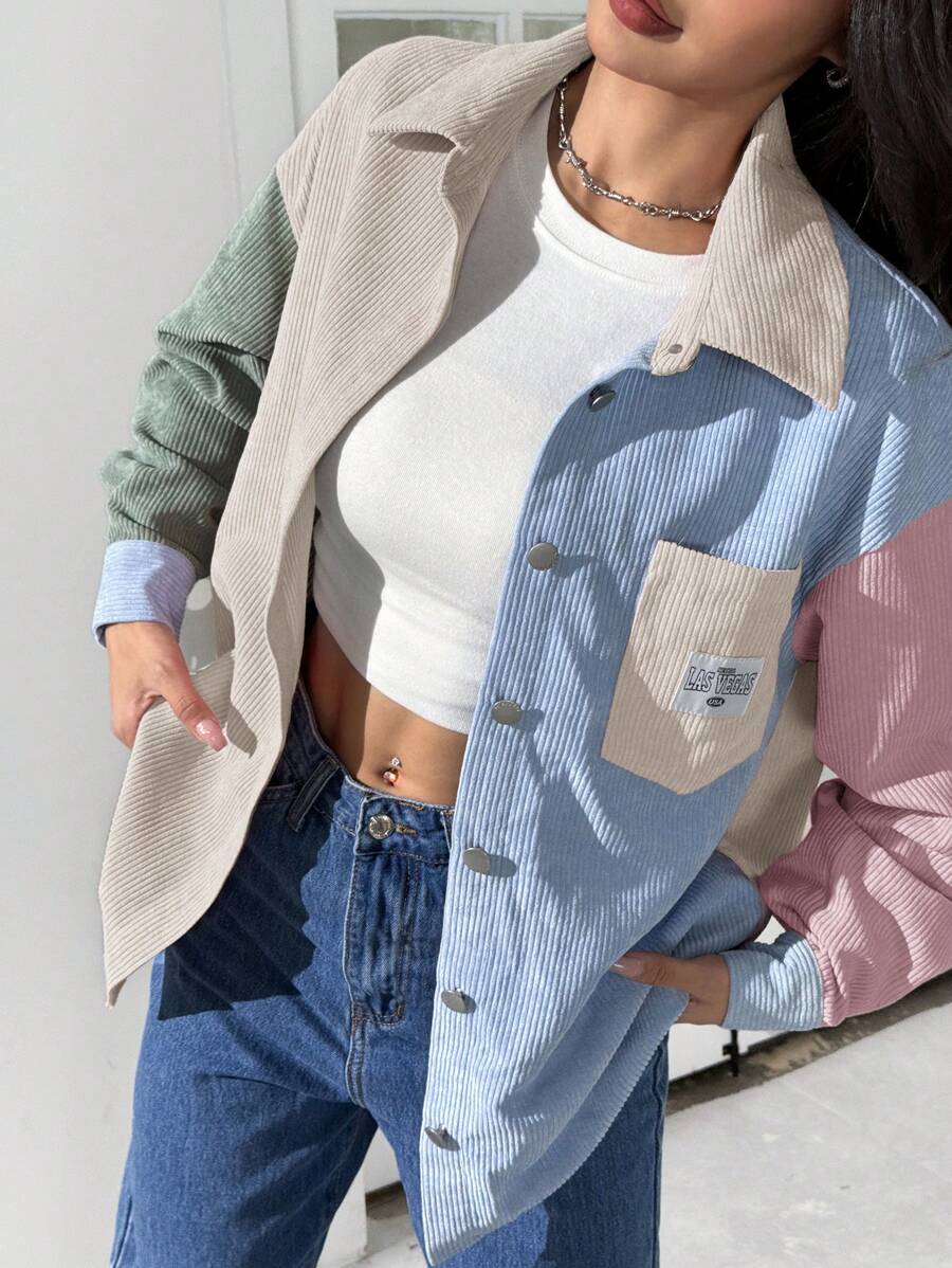 SHEIN EZwear 拼色落肩字母拼布灯芯绒大衣 - 杏色 - 查看 1