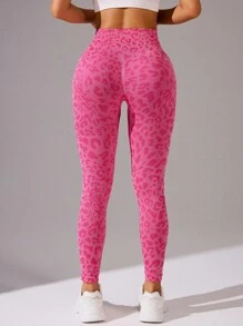 Core Rhythm Leopard Jacquard Seamless High Elasticity Yoga Leggings - Hot Pink - View 6