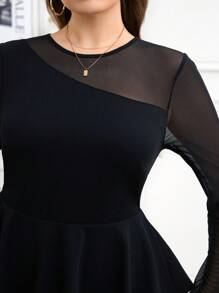 SHEIN Clasi Plus Size Women Solid Color Crew Neck Long Sleeve Mesh Ruffle Trim Elegant Dress