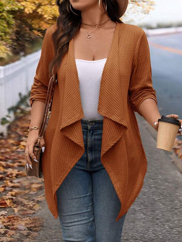SHEIN LUNE Große Größen Wintermode asymmetrischer Kragen Design lange gestrickte Strickjacke für Ausgehen und Arbeit