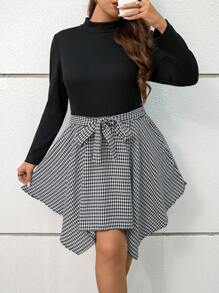 SHEIN LUNE Long Sleeve Dress Plus Size Women Houndstooth Patchwork Black Stand Collar Asymmetric Hem Waist Tie Slimming Midi Dress, For Autumn Dresses For Women