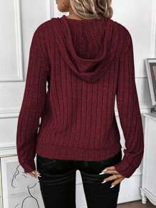 INAWLY Plus Size Women's Burgundy Hooded Wool Rib Fabric Casual Sports Long Sleeve Shirt, Soft Knit, Fall/Winter