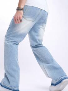 Chillumni 男士休闲口袋简约成熟街头风格牛仔裤，日常穿着，纯色长款水洗直筒浅蓝色工装牛仔裤，适合丈夫、男朋友的礼物 - 淺色水洗藍 - 查看 5