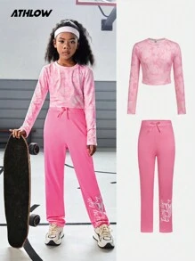 Conjunto deportivo de sudadera de cuello redondo con estampado digital de manga larga y pantalones estampados para niña preadolescente, otoño/invierno - Rosa - Ver 1