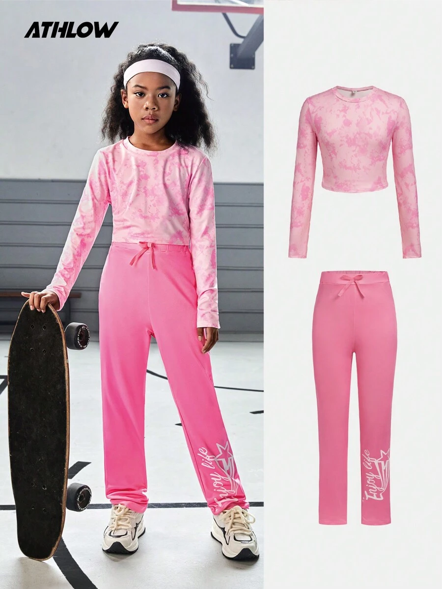 Conjunto deportivo de sudadera de cuello redondo con estampado digital de manga larga y pantalones estampados para niña preadolescente, otoño/invierno - Rosa - Ver 1