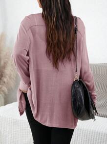 SHEIN LUNE 大码纯色双口袋前纽扣保暖开衫，秋冬女士开衫勃艮第假日 - 酒紅色 - 查看 2